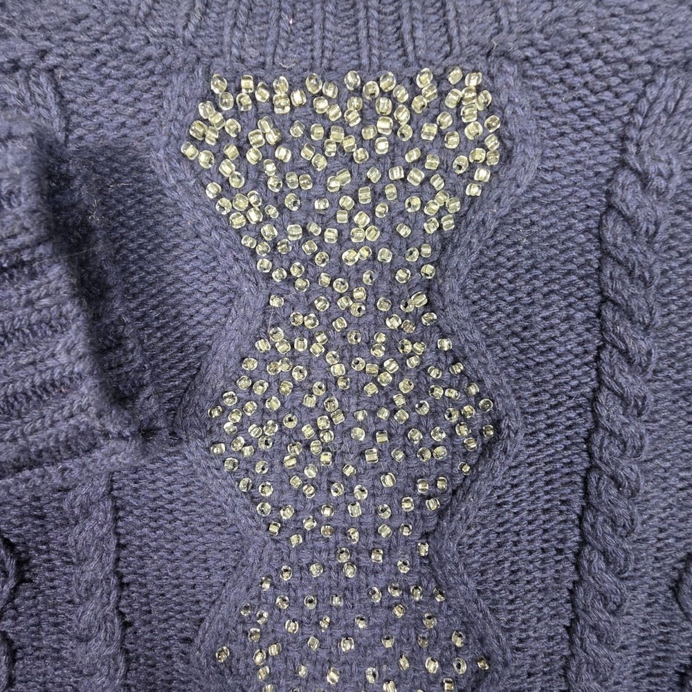 J.Crew Factory Sweater Womens‎ Medium Merino Wool Navy Blue Beaded Cable Knit - Picture 7 of 16